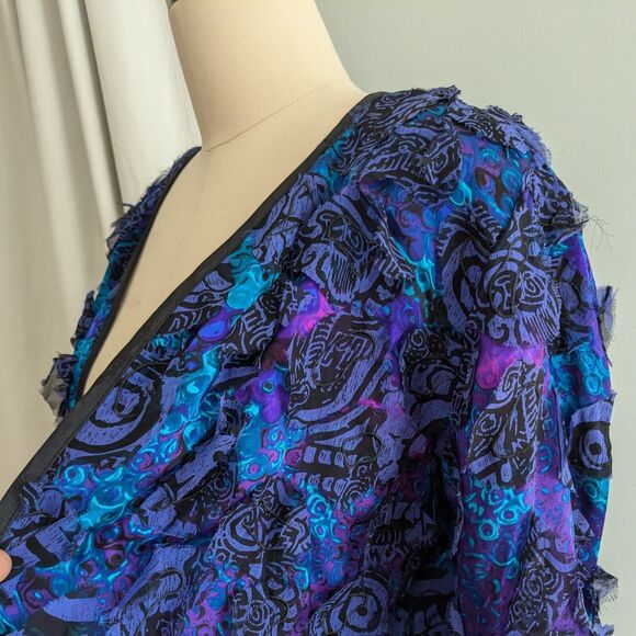 Vintage Chicos Silk Jacket Topper Blazer S Blue Black Art Eclectic Funky Floral - Picture 8 of 11